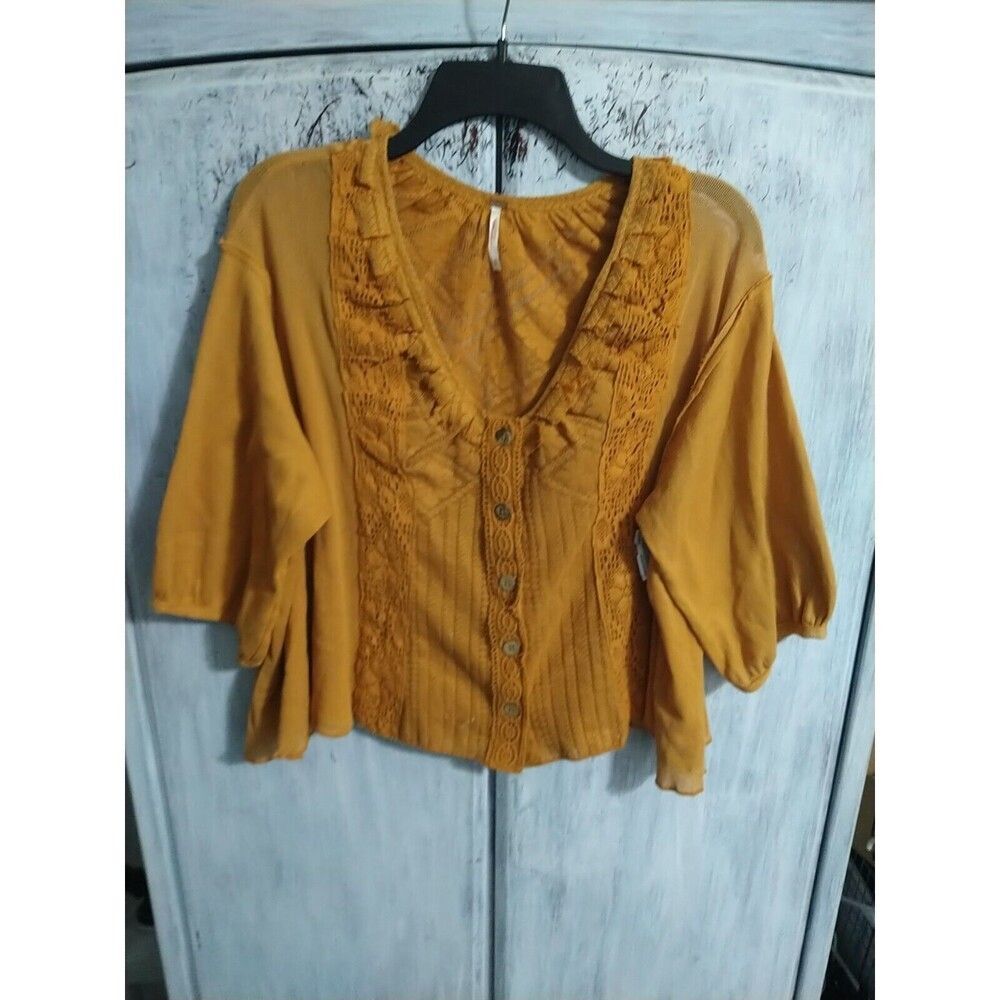 Free People Button Up Top Mustard Sm Boho Feminine Cottage Core